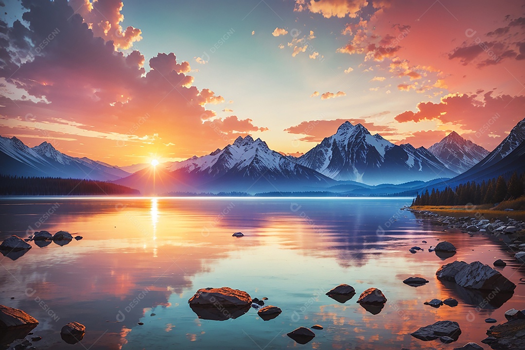 Fundo do pôr do sol da montanha do lago