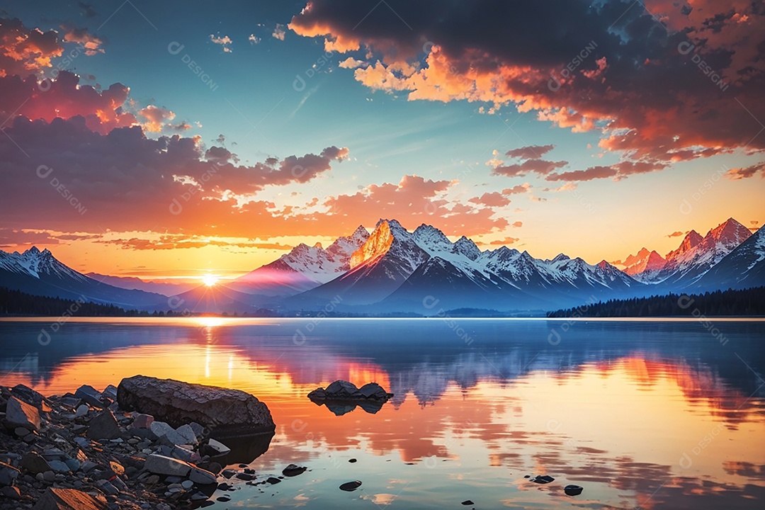 Fundo do pôr do sol da montanha do lago