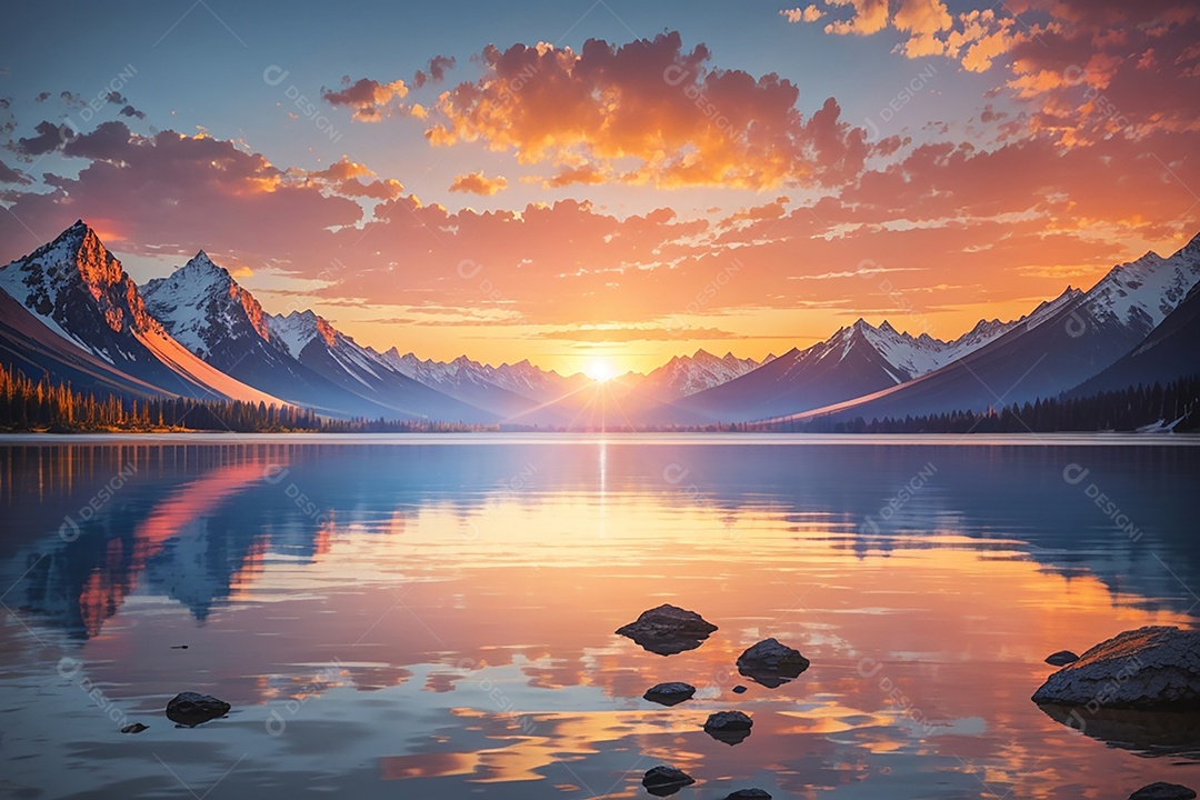 Fundo do pôr do sol da montanha do lago