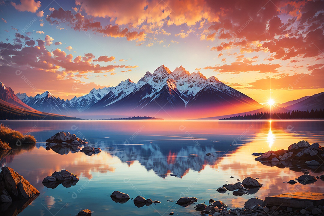 Fundo do pôr do sol da montanha do lago