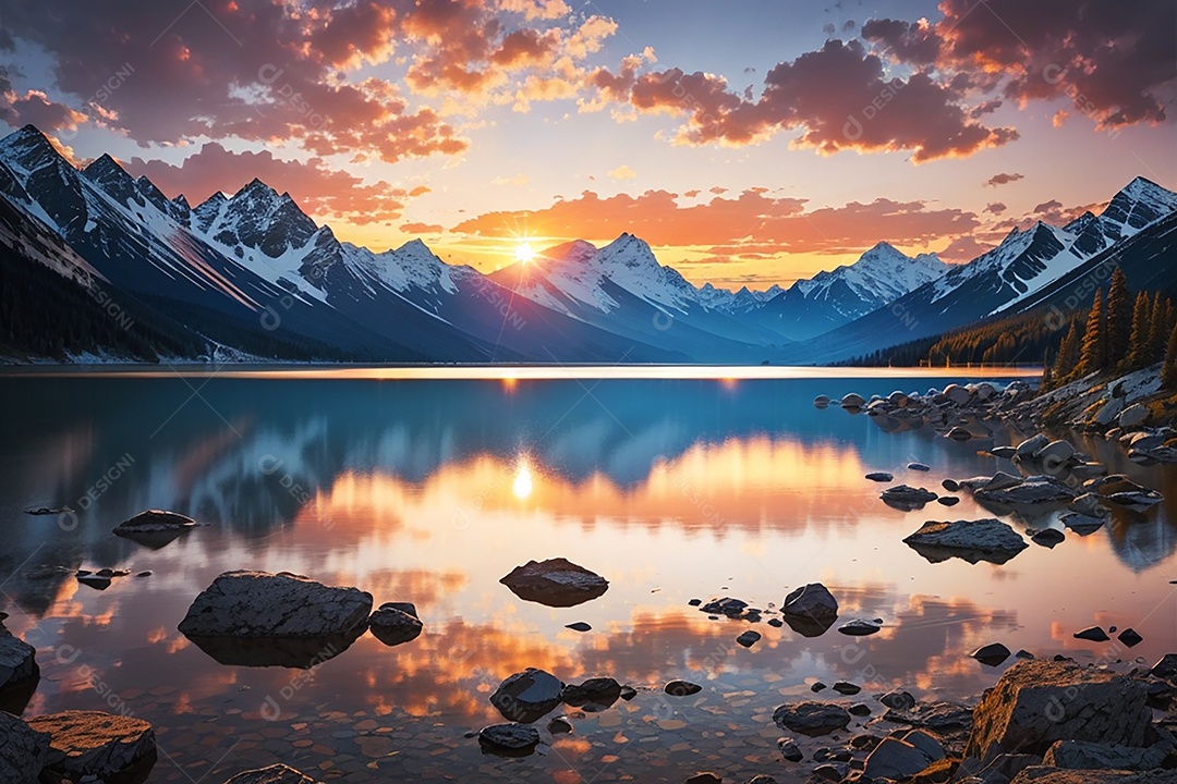 Fundo do pôr do sol da montanha do lago