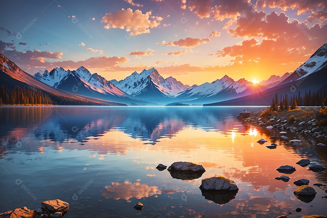 Fundo do pôr do sol da montanha do lago