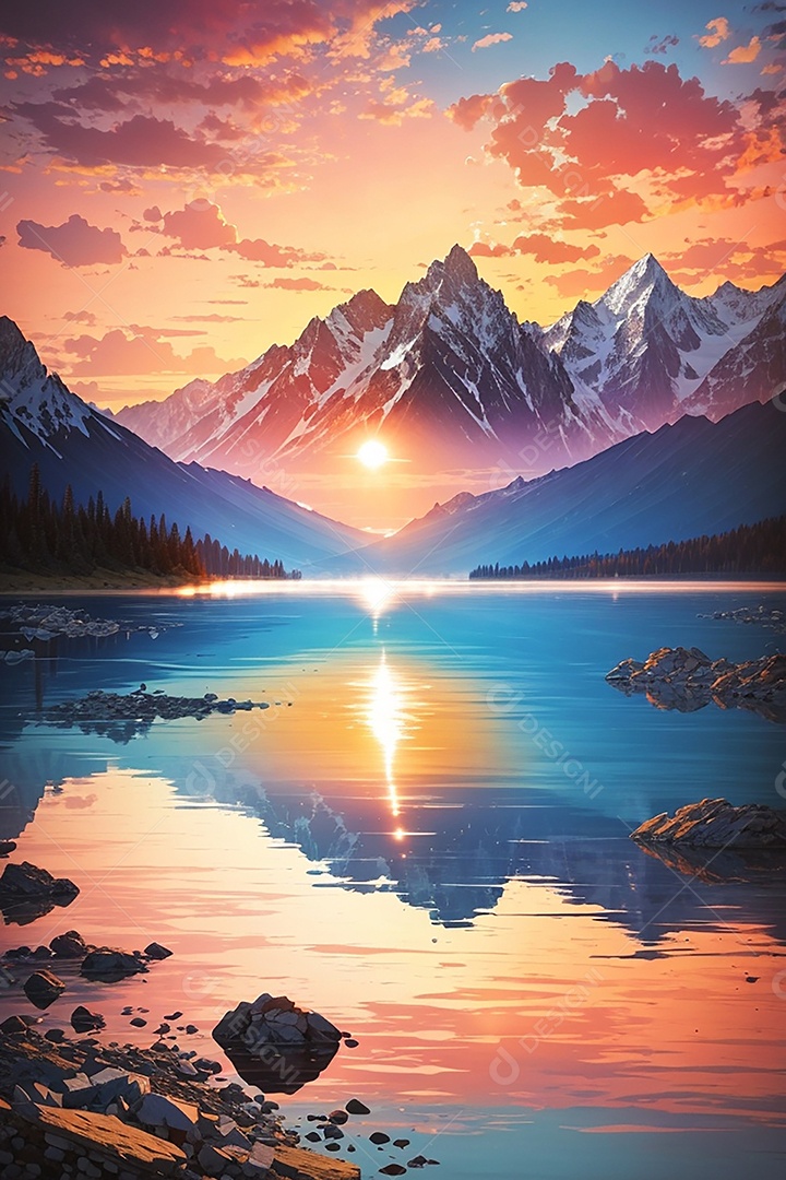 Fundo do pôr do sol da montanha do lago