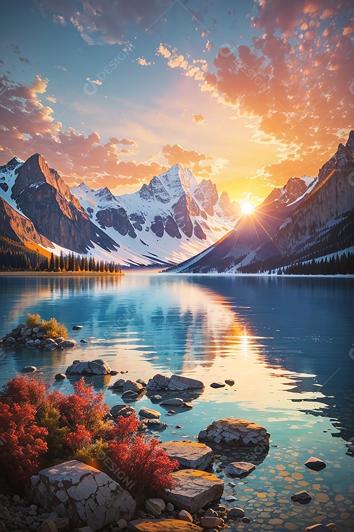 Fundo do pôr do sol da montanha do lago