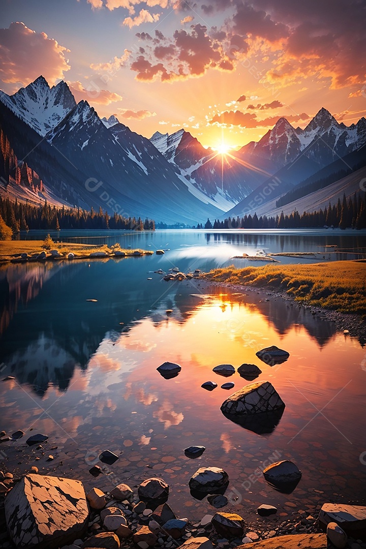 Lake mountain sunset background