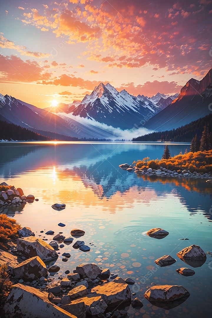 Fundo do pôr do sol da montanha do lago