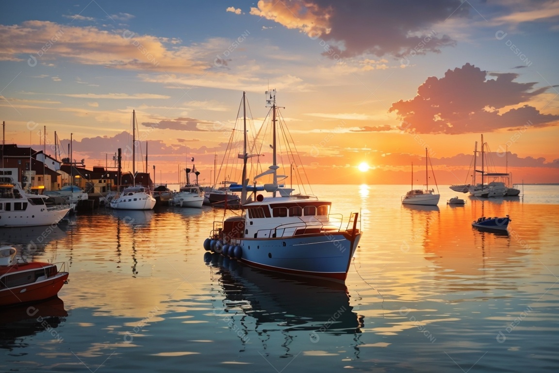 Fundo do pôr do sol do porto de barco