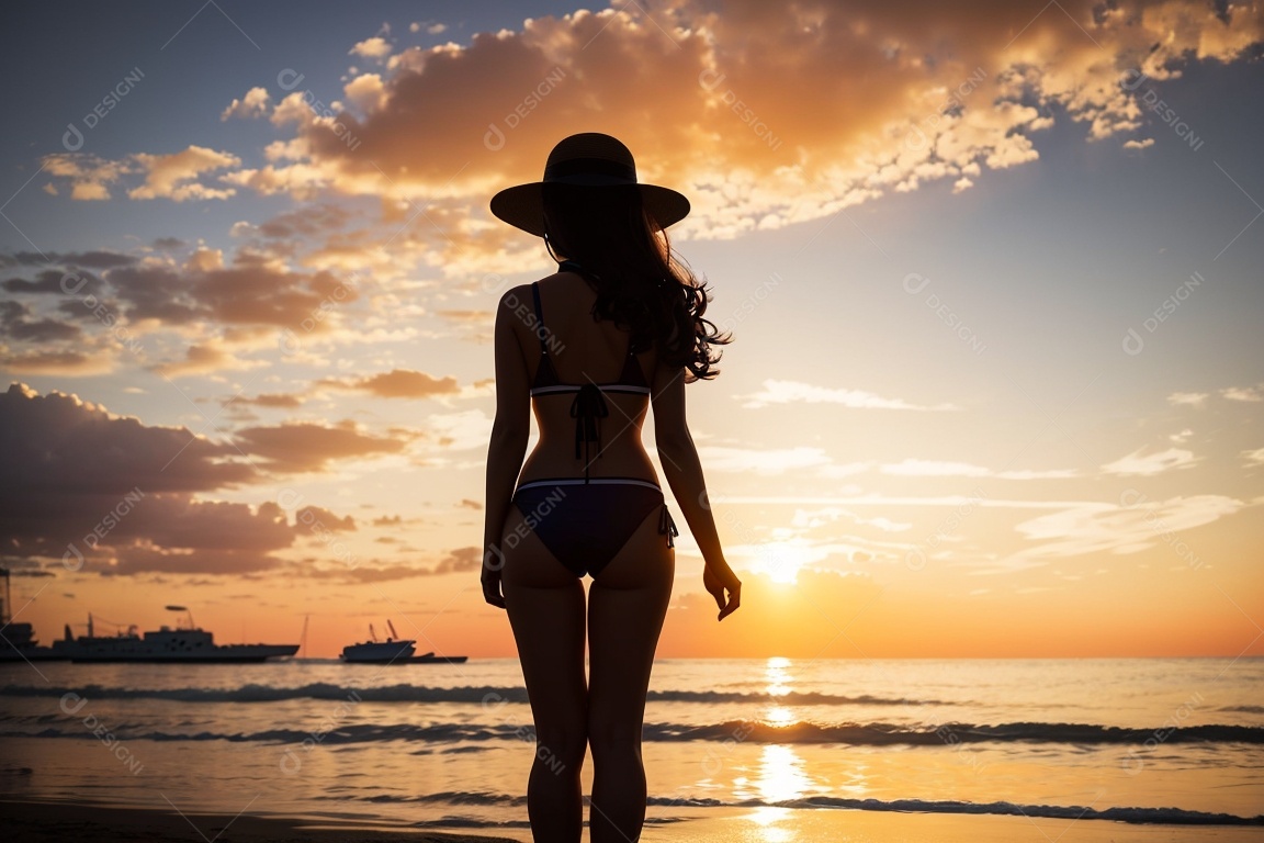 Silhueta uma menina maiô praia pôr do sol fundo