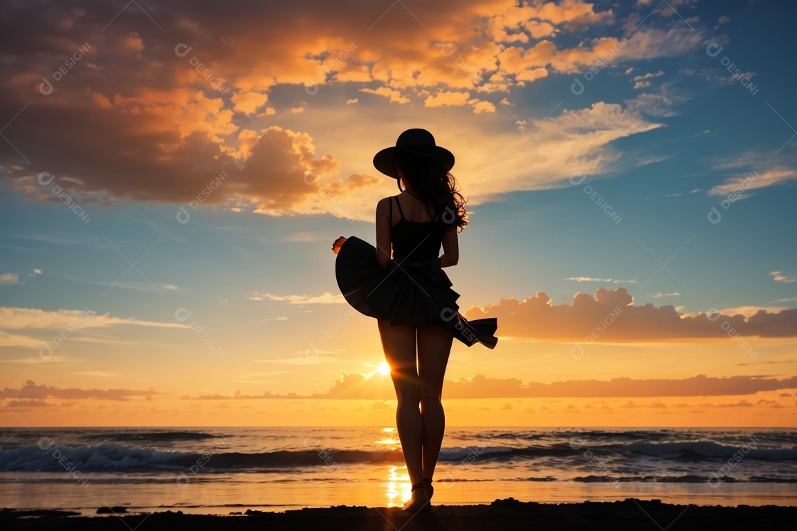 Silhueta uma menina maiô praia pôr do sol fundo
