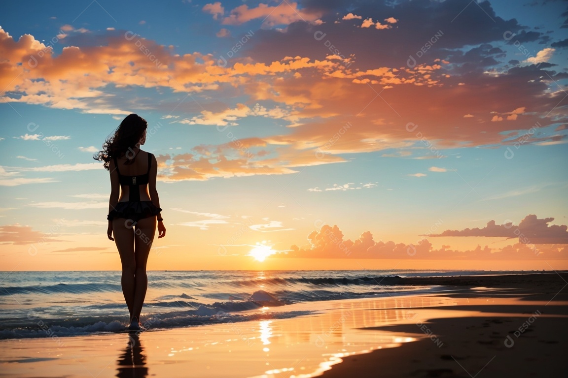 Silhueta uma menina maiô praia pôr do sol fundo