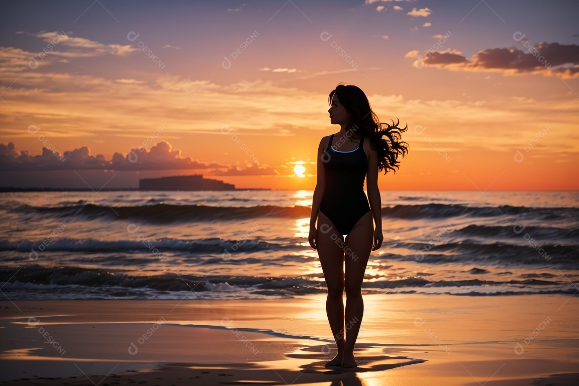 Silhueta uma menina maiô praia pôr do sol fundo