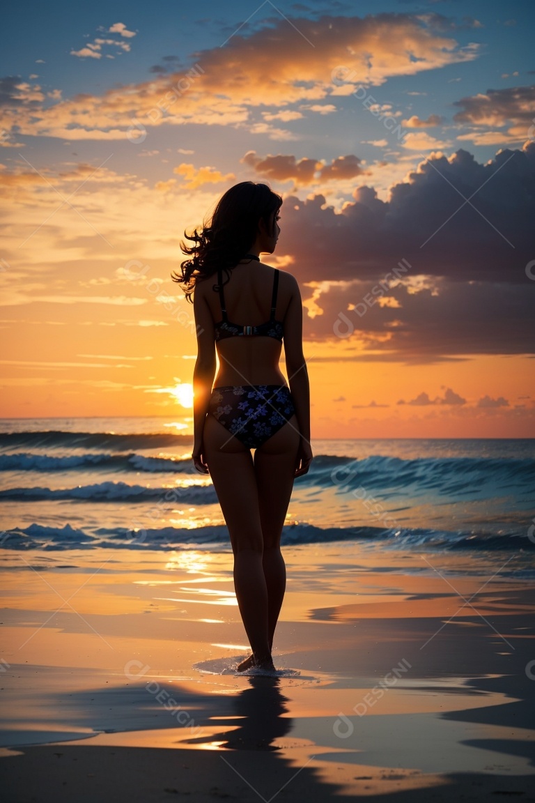 Silhueta uma menina maiô praia pôr do sol fundo