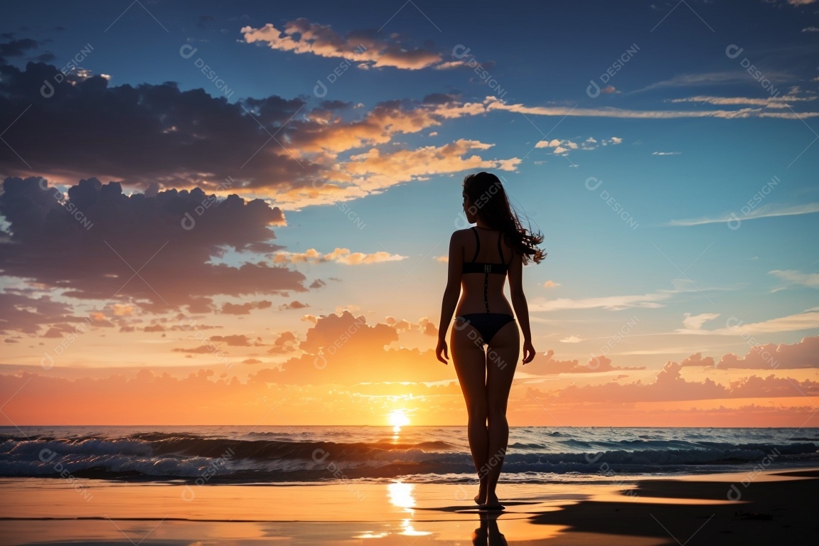 Silhueta uma menina maiô praia pôr do sol fundo