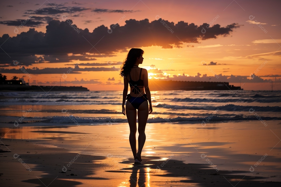 Silhueta uma menina maiô praia pôr do sol fundo