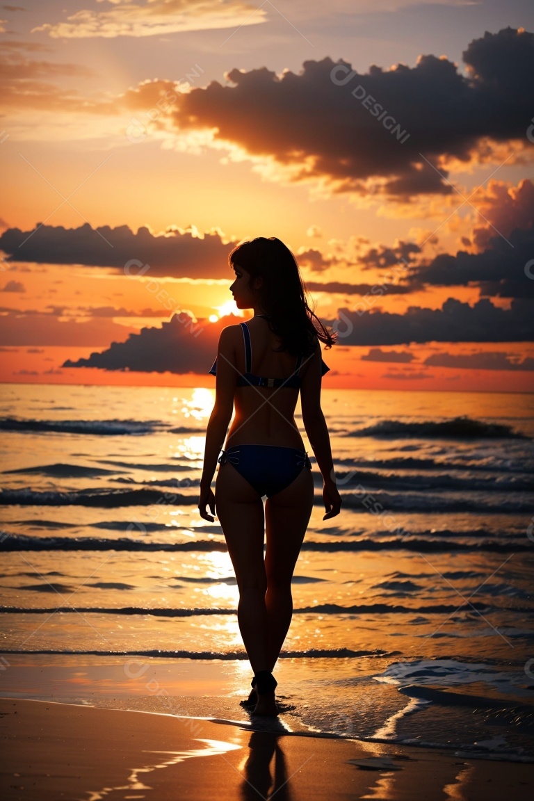 Silhueta uma menina maiô praia pôr do sol fundo