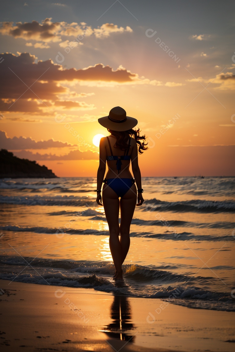 Silhueta uma menina maiô praia pôr do sol fundo