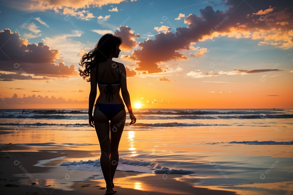 Silhueta uma menina maiô praia pôr do sol fundo