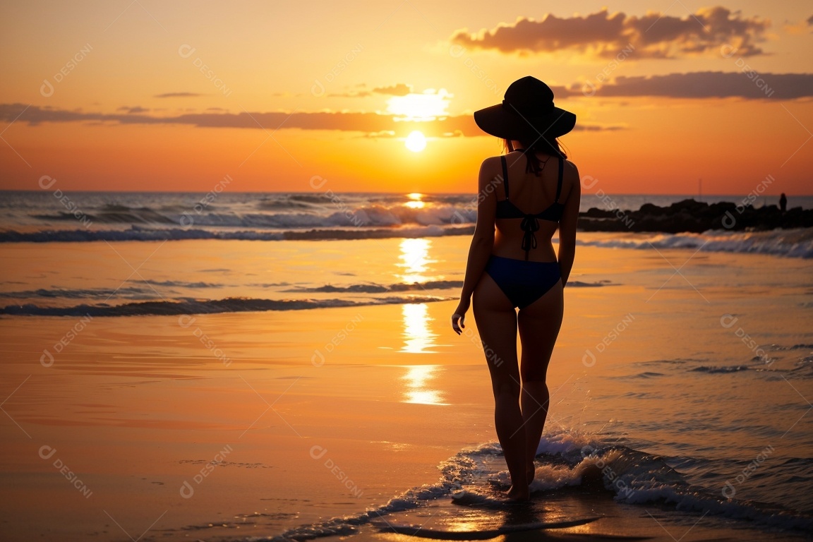 Silhueta uma menina maiô praia pôr do sol fundo