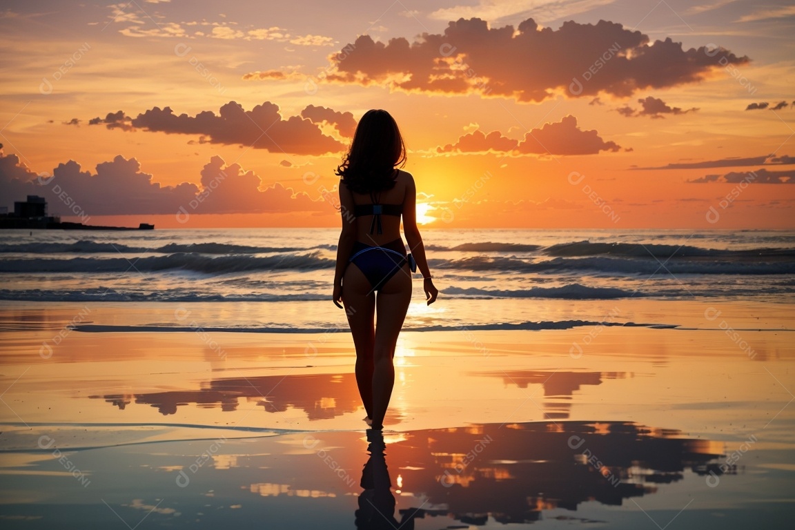 Silhueta uma menina maiô praia pôr do sol fundo