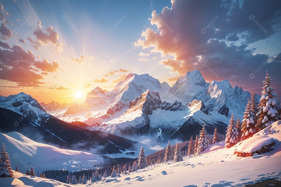 Fundo do pôr do sol da montanha de inverno