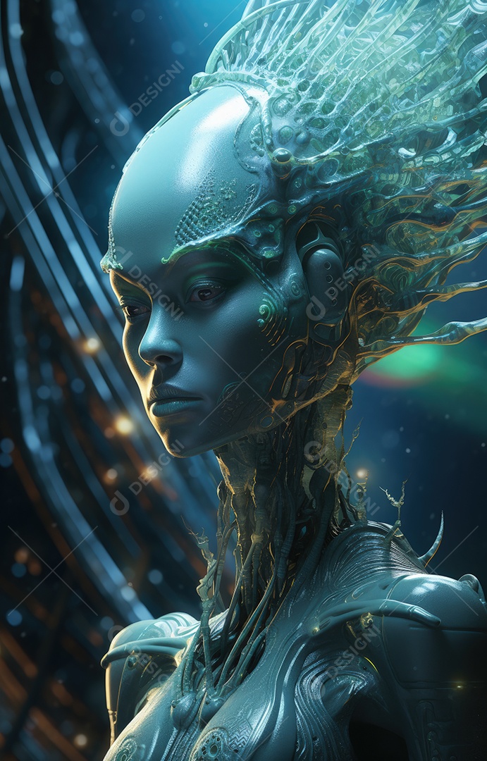 Mulher alienígena no espaço com uma nave espacial ao fundo