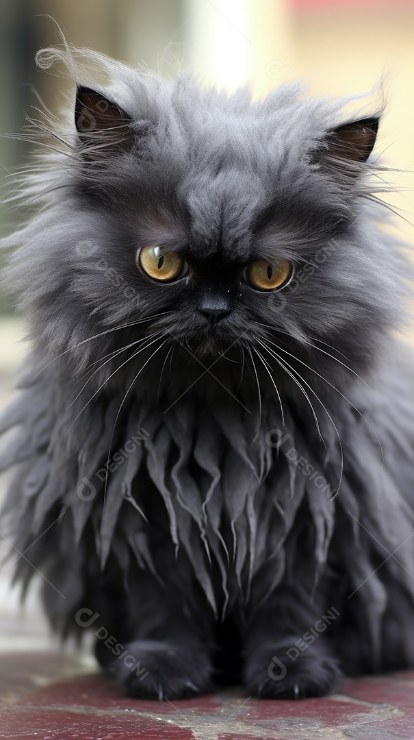 Gato cinza escuro muito estranho com uma expressão muito engraçada