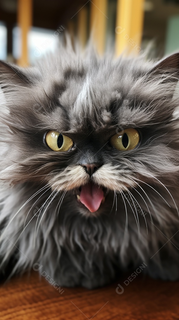 Gato cinza escuro muito estranho com uma expressão muito engraçada