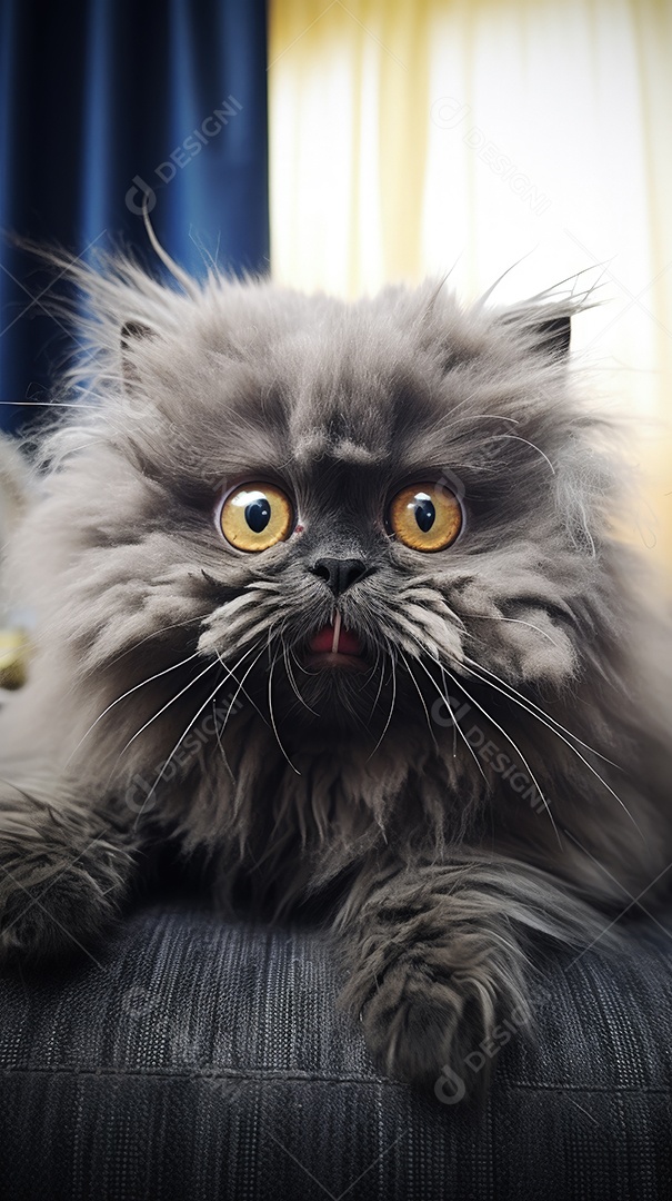 Gato cinza escuro muito estranho com uma expressão muito engraçada