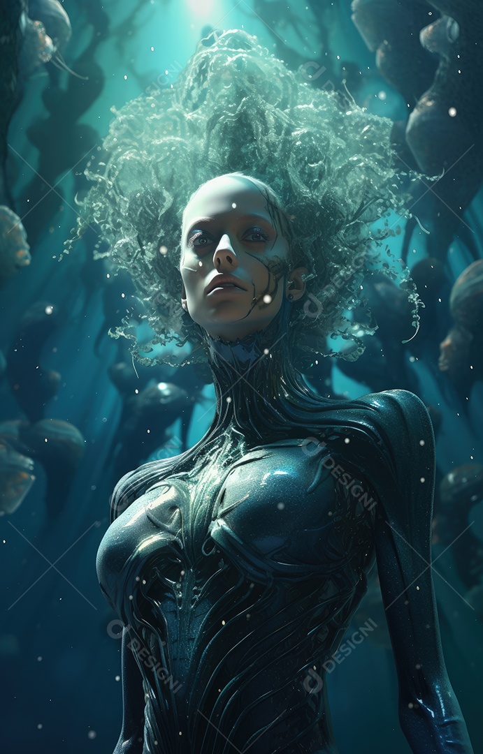 Mulher alienígena no espaço com uma nave espacial ao fundo