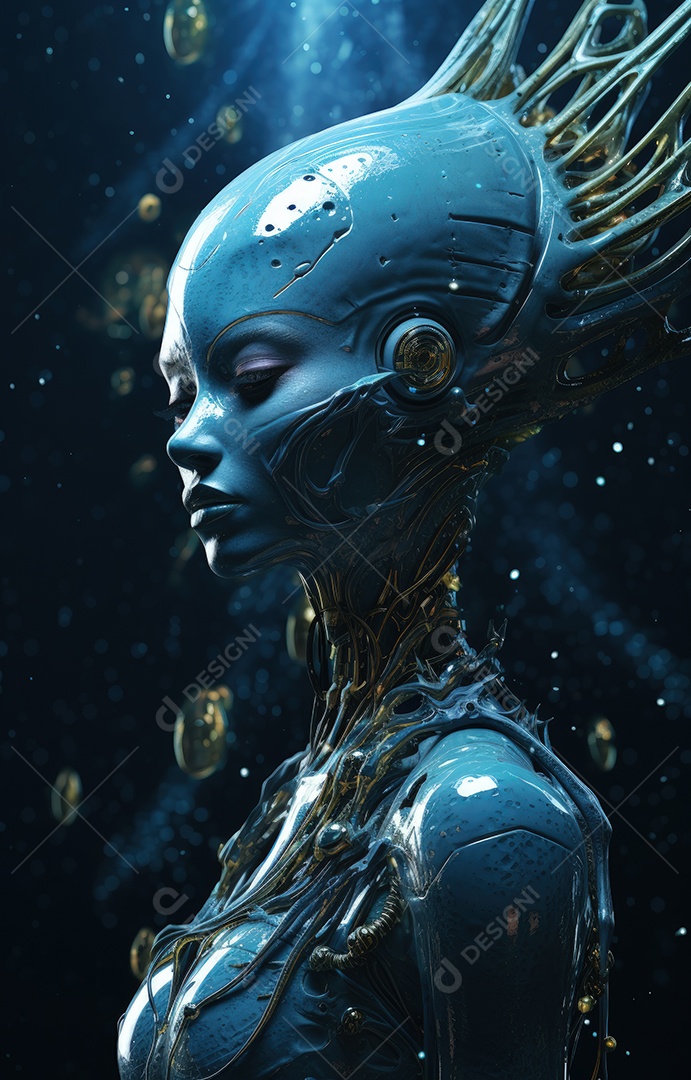 Mulher alienígena no espaço com uma nave espacial ao fundo