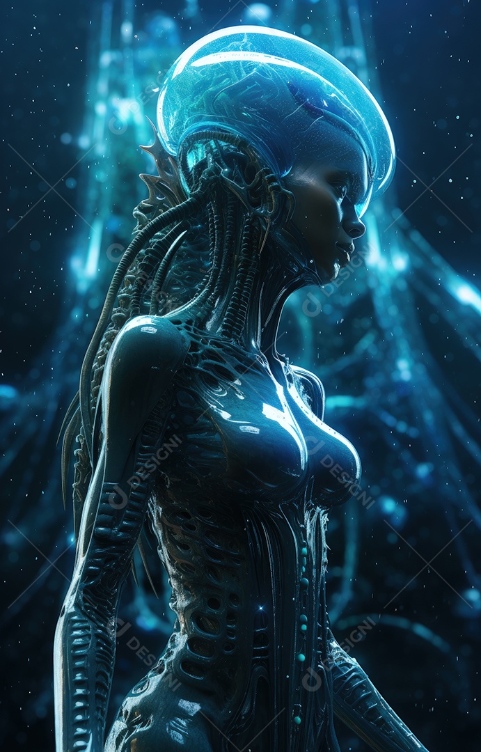 Mulher alienígena no espaço com uma nave espacial ao fundo