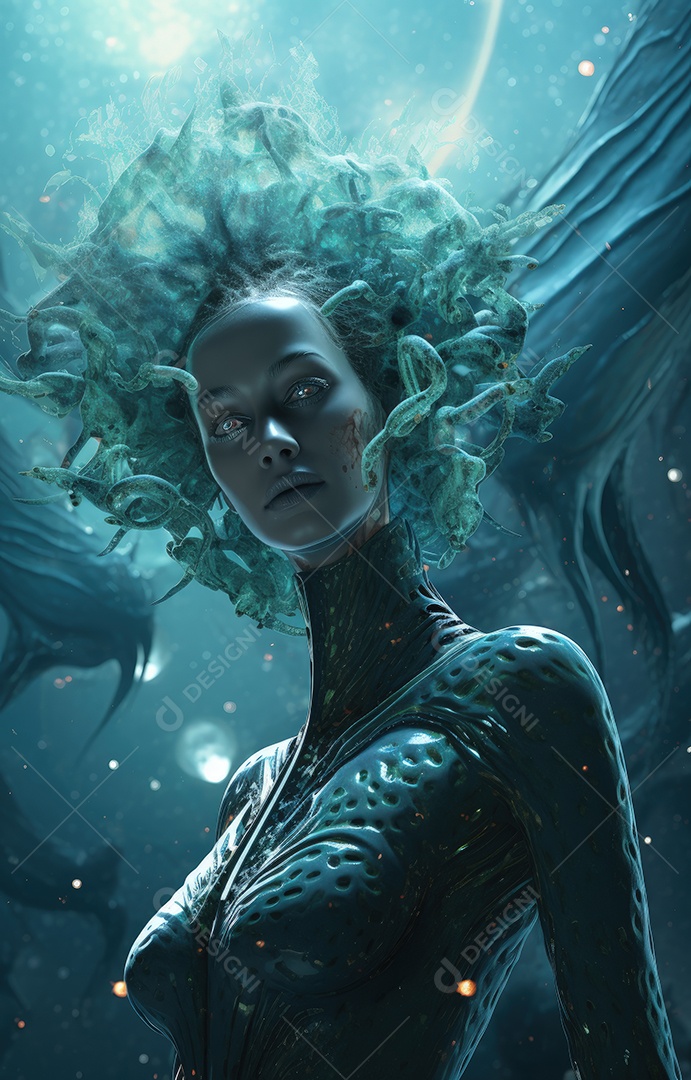 Mulher alienígena no espaço com uma nave espacial ao fundo