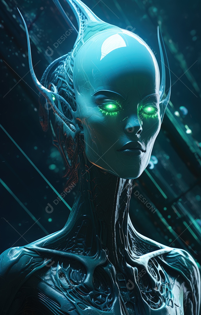 Mulher alienígena no espaço com uma nave espacial ao fundo