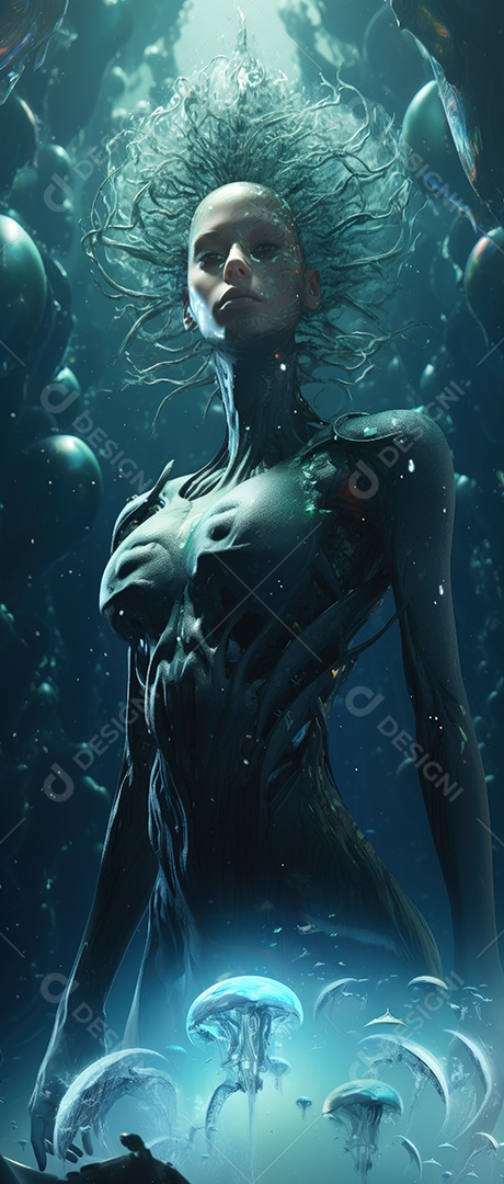 Mulher alienígena no espaço com uma nave espacial ao fundo