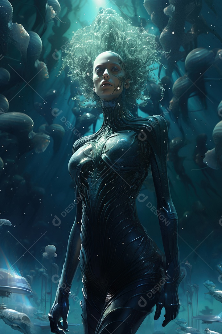 Mulher alienígena no espaço com uma nave espacial ao fundo