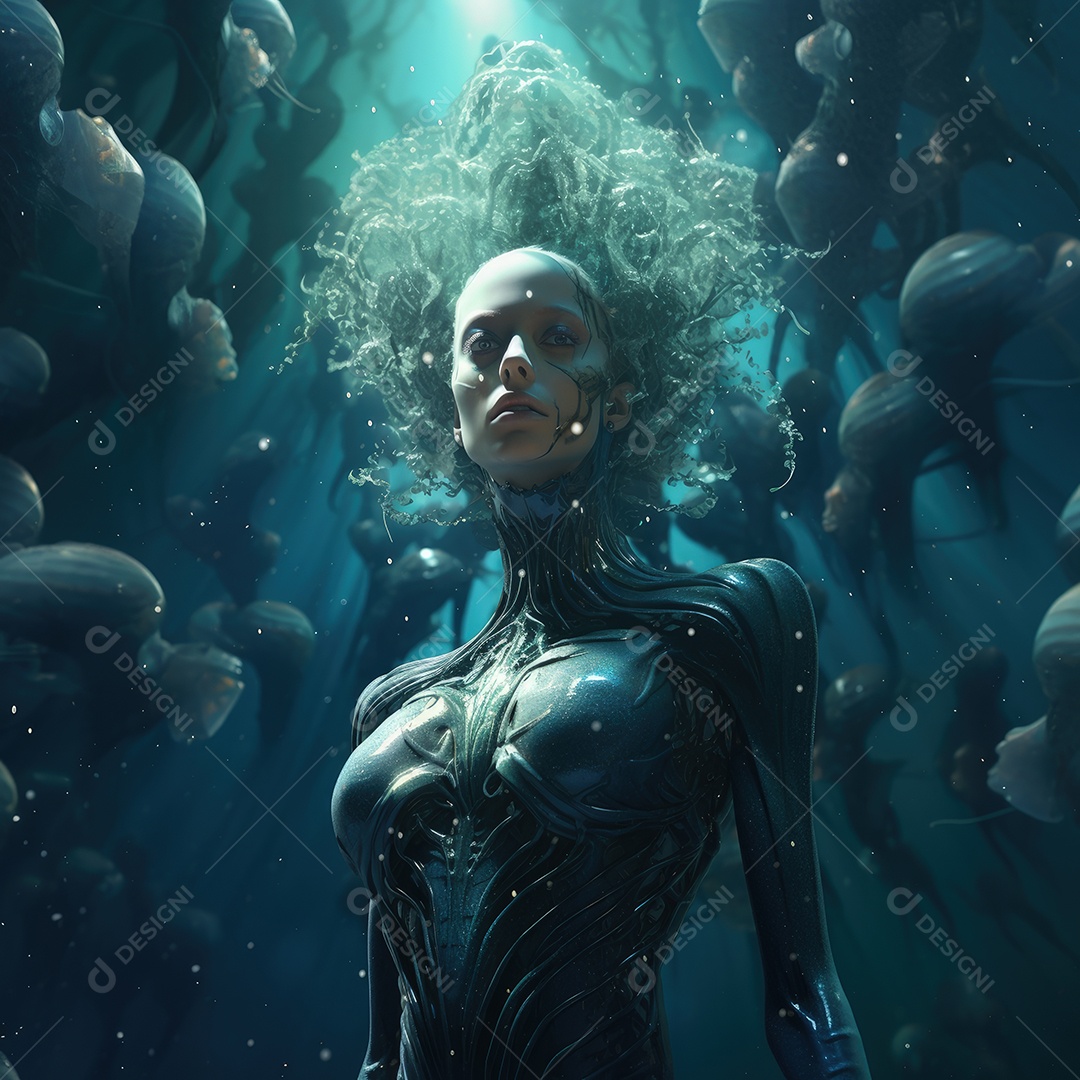 Mulher alienígena no espaço com uma nave espacial ao fundo