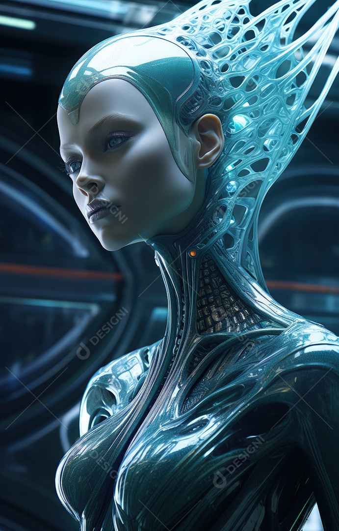 Mulher alienígena no espaço com uma nave espacial ao fundo