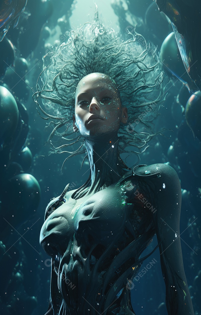 Mulher alienígena no espaço com uma nave espacial ao fundo