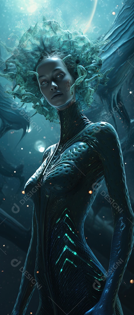 Mulher alienígena no espaço com uma nave espacial ao fundo