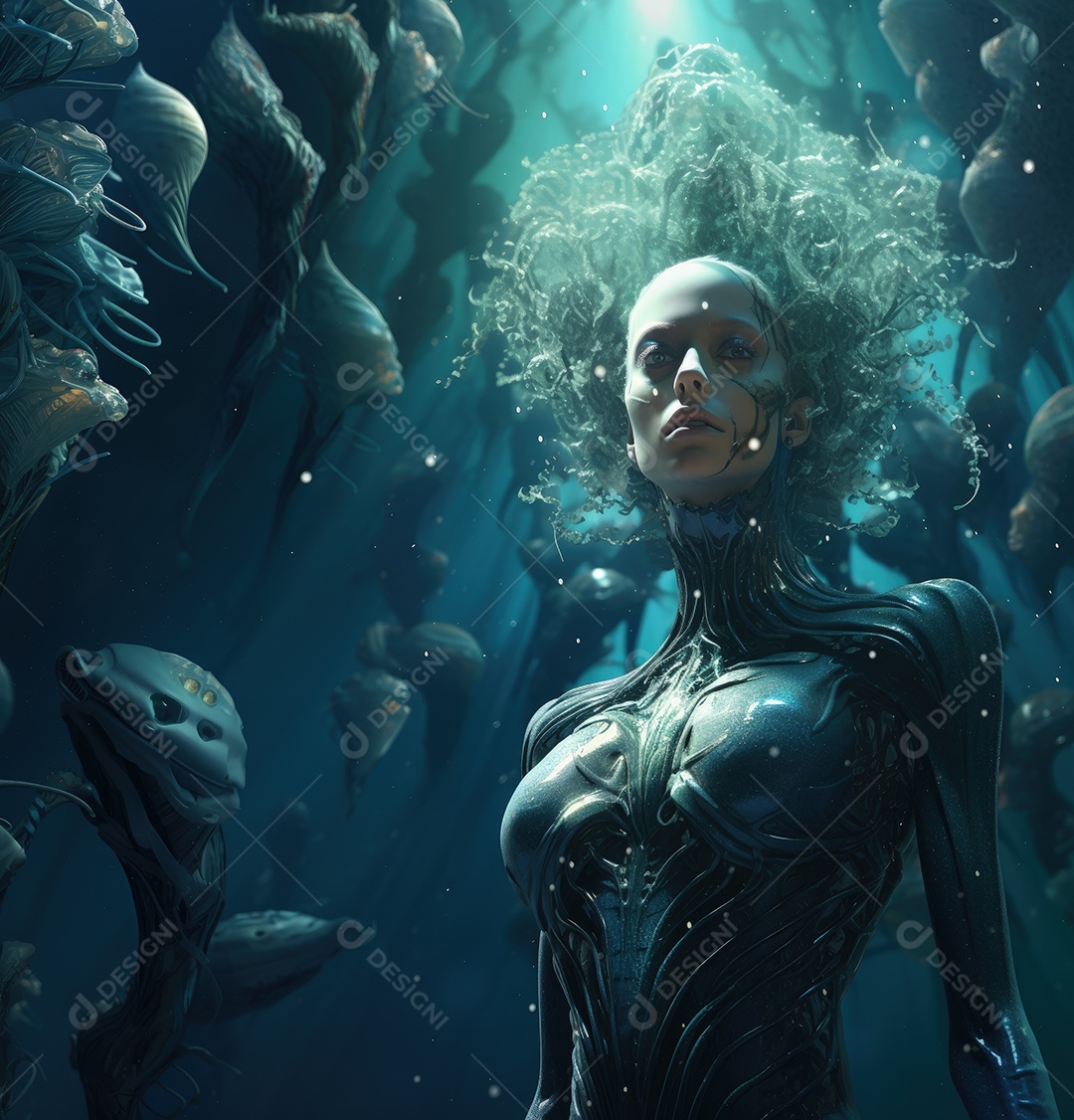 Mulher alienígena no espaço com uma nave espacial ao fundo