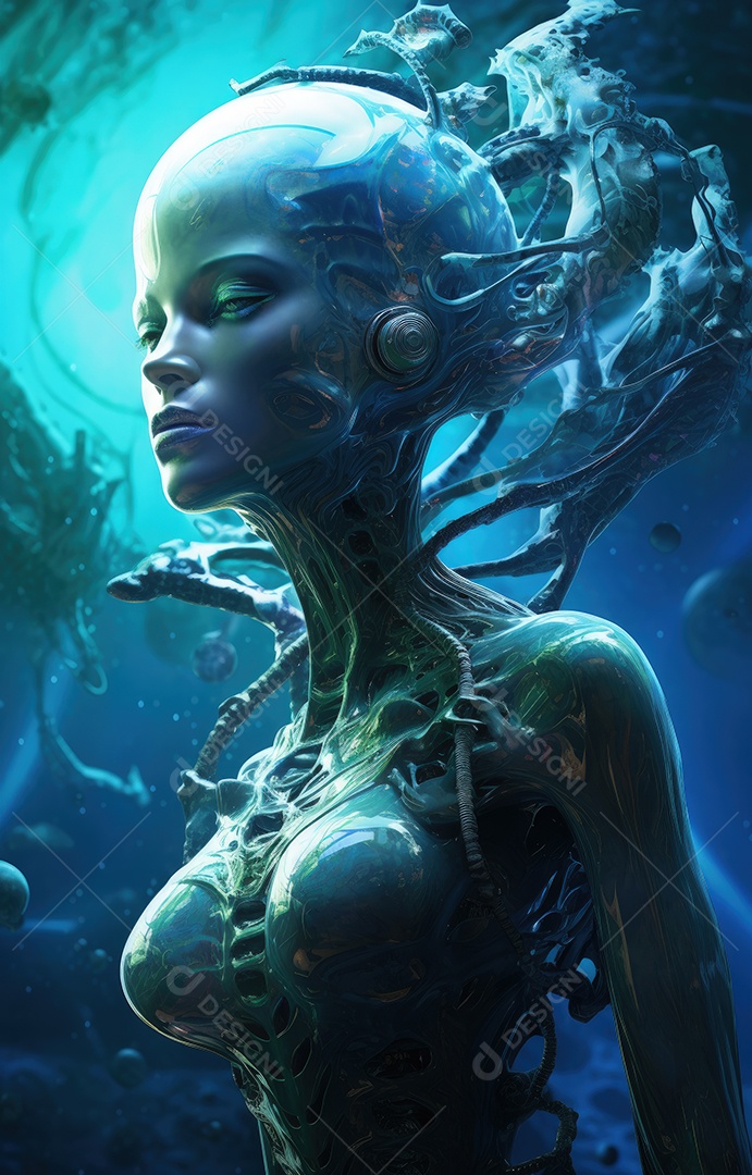 Mulher alienígena no espaço com uma nave espacial ao fundo