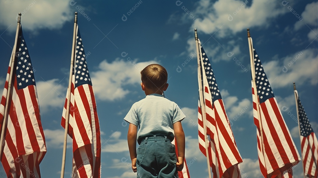 Menino olhando para a bandeira americana