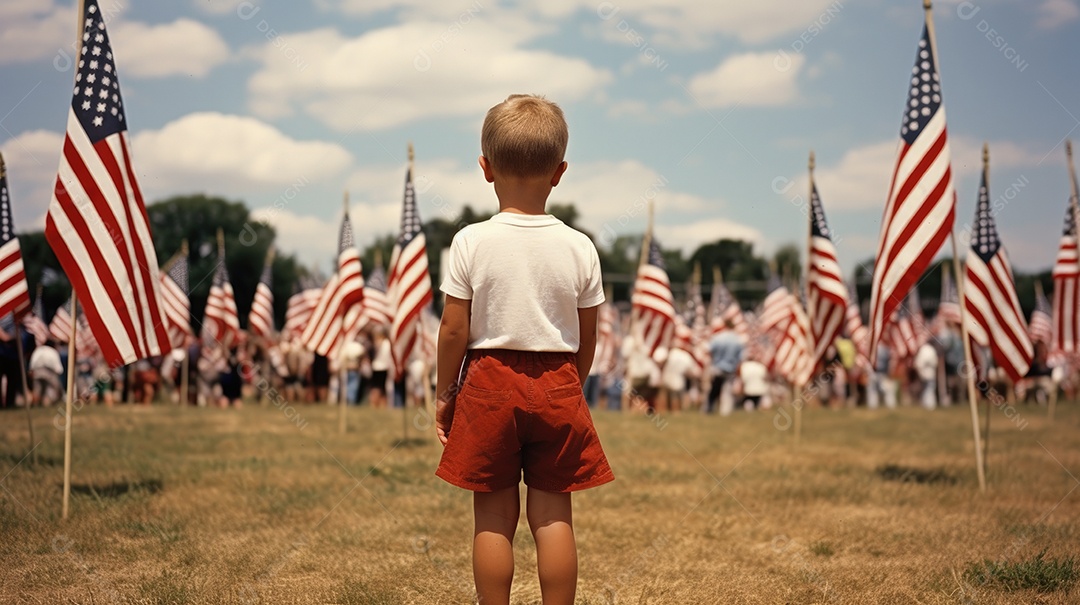 Menino olhando para a bandeira americana