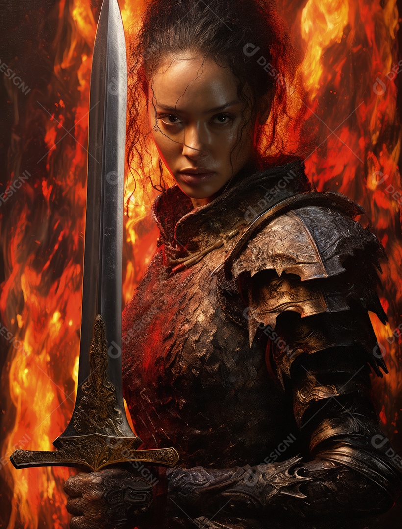 Uma guerreira segurando uma espada atrás do fogo
