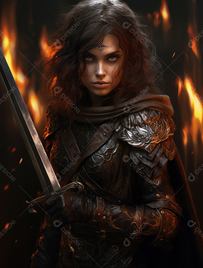 Uma guerreira segurando uma espada atrás do fogo