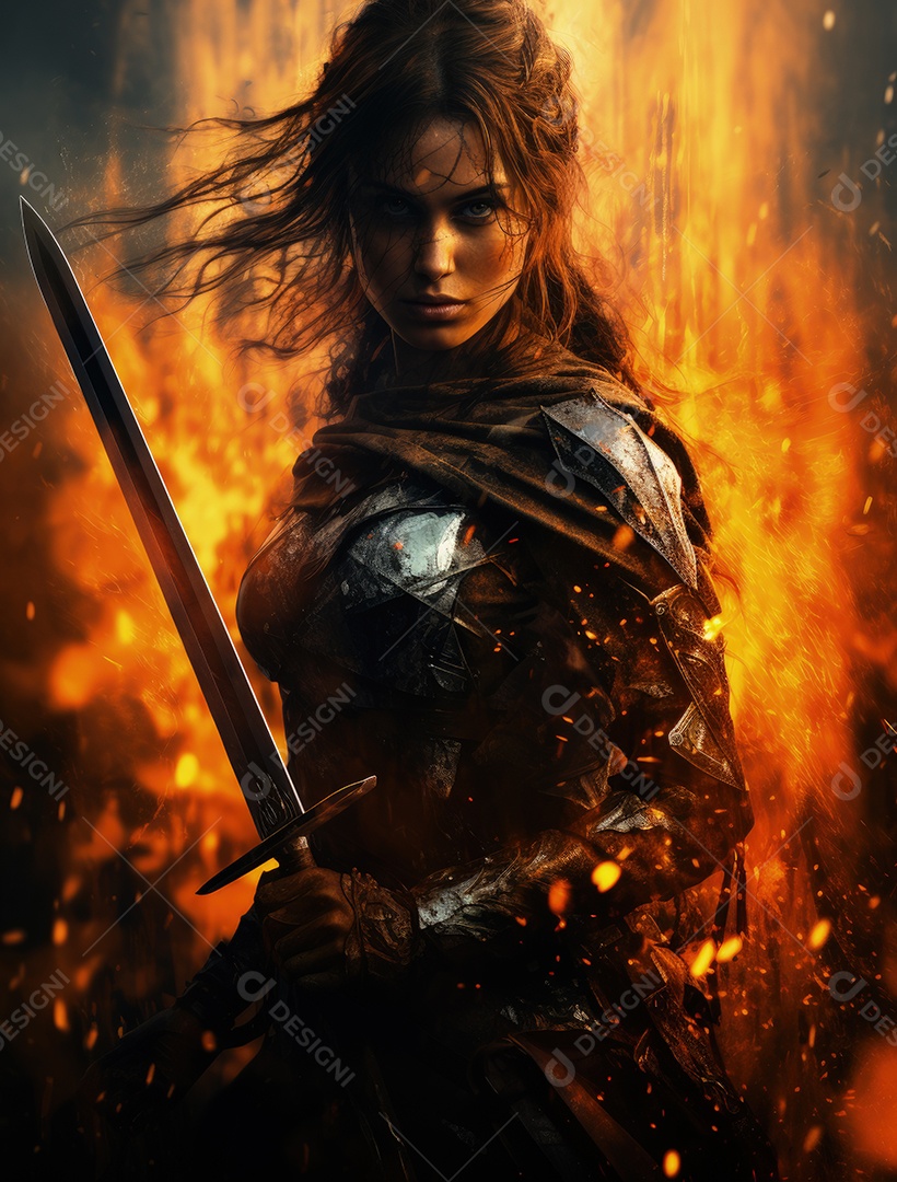 Uma guerreira segurando uma espada atrás do fogo