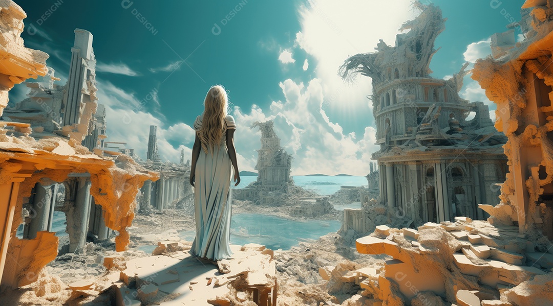 Uma linda mulher olhando para o horizonte com cidades antigas