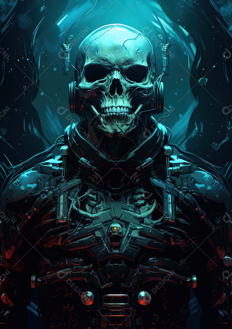 Esqueleto em traje de astronauta flutua em cores