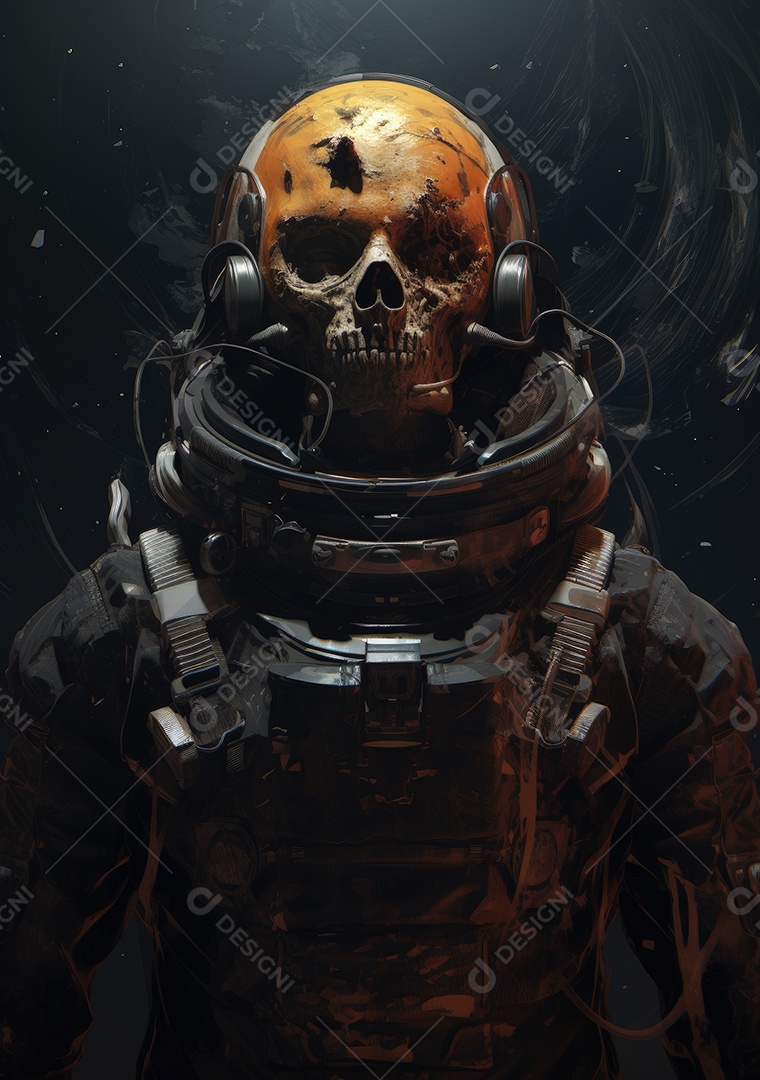 Esqueleto em traje de astronauta flutua em cores