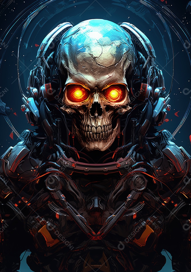 Esqueleto em traje de astronauta flutua em cores